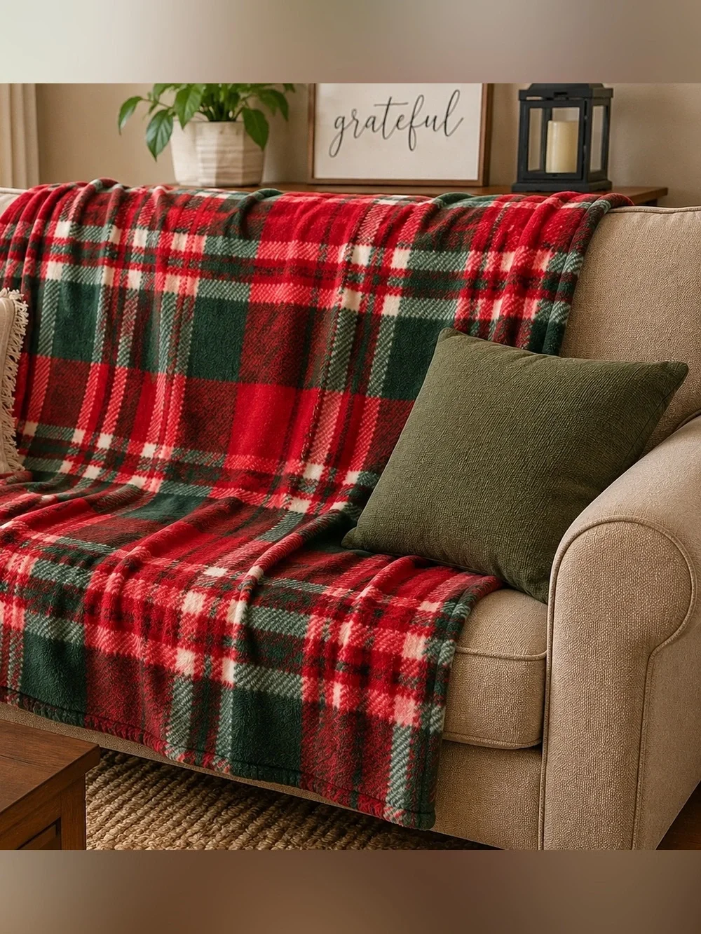 Cozy Red & Green Plaid Holiday Throw Blanket